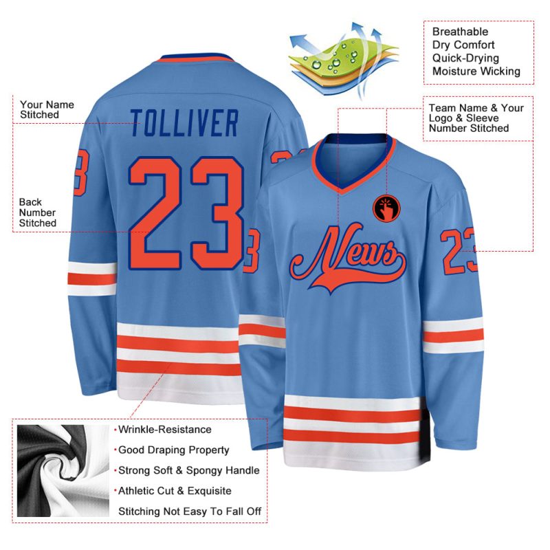 Custom Light Blue Orange-Royal Hockey Jersey with Personalized Name and Number - Team Apparel Personalized Light Blue Orange-Royal