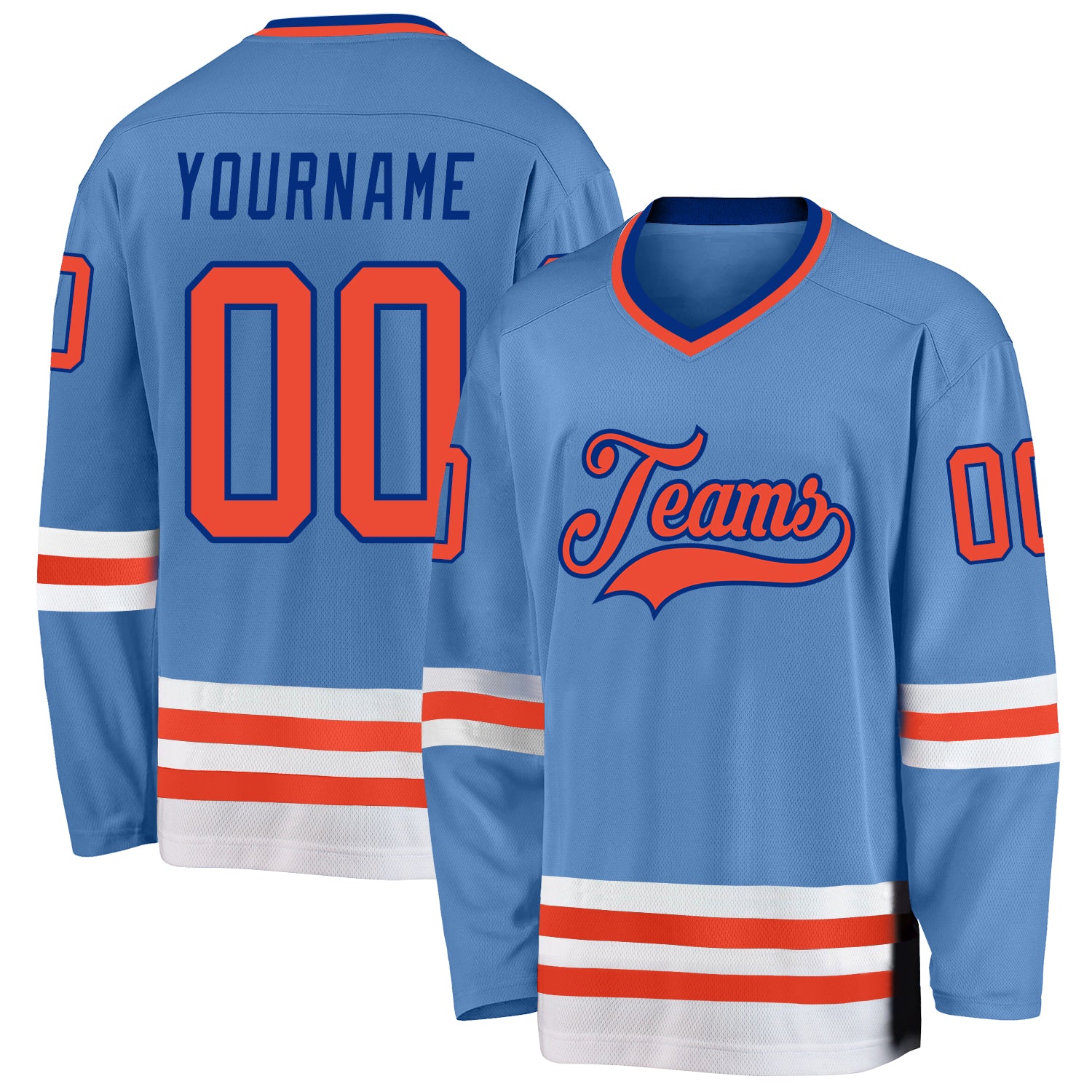Custom Light Blue Orange-Royal Hockey Jersey with Personalized Name and Number - Team Apparel Personalized Light Blue Orange-Royal