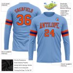 Custom Team Name Number Long Sleeve Performance T-Shirt in Light Blue and Orange-Royal Personalized Light Blue Orange-Royal