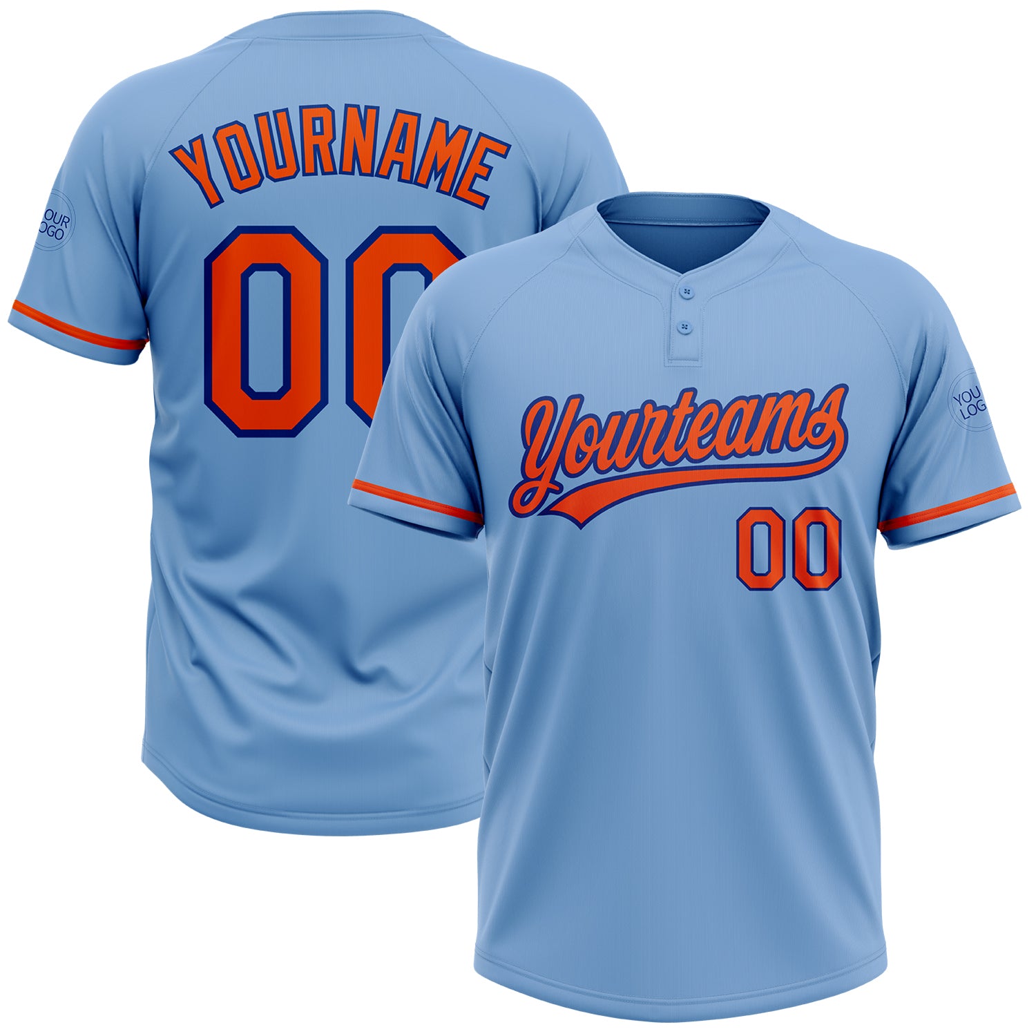 Custom Team Softball Jersey - Light Blue Orange-Royal Unisex, Two-Button, Personalized Name & Number Personalized Light Blue