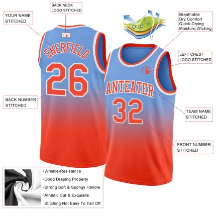 Custom Name & Number Basketball Jersey - Light Blue Orange-White Fade Fashion Design, Authentic Team Apparel Personalized