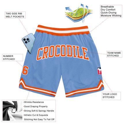 Personalized Light Blue Orange White Basketball Shorts - Authentic Throwback Design Personalized Light Blue Orange-White