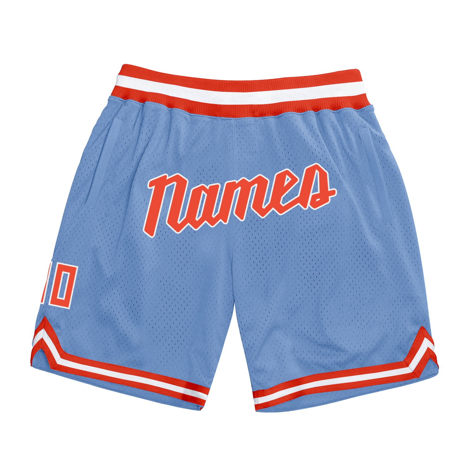 Custom Team Basketball Shorts with Name and Number - Authentic Light Blue Orange-White Throwback Design Personalized Light