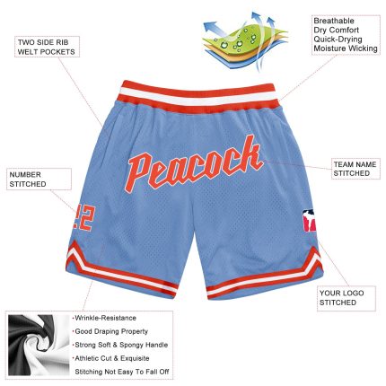 Custom Team Basketball Shorts with Name and Number - Authentic Light Blue Orange-White Throwback Design Personalized Light