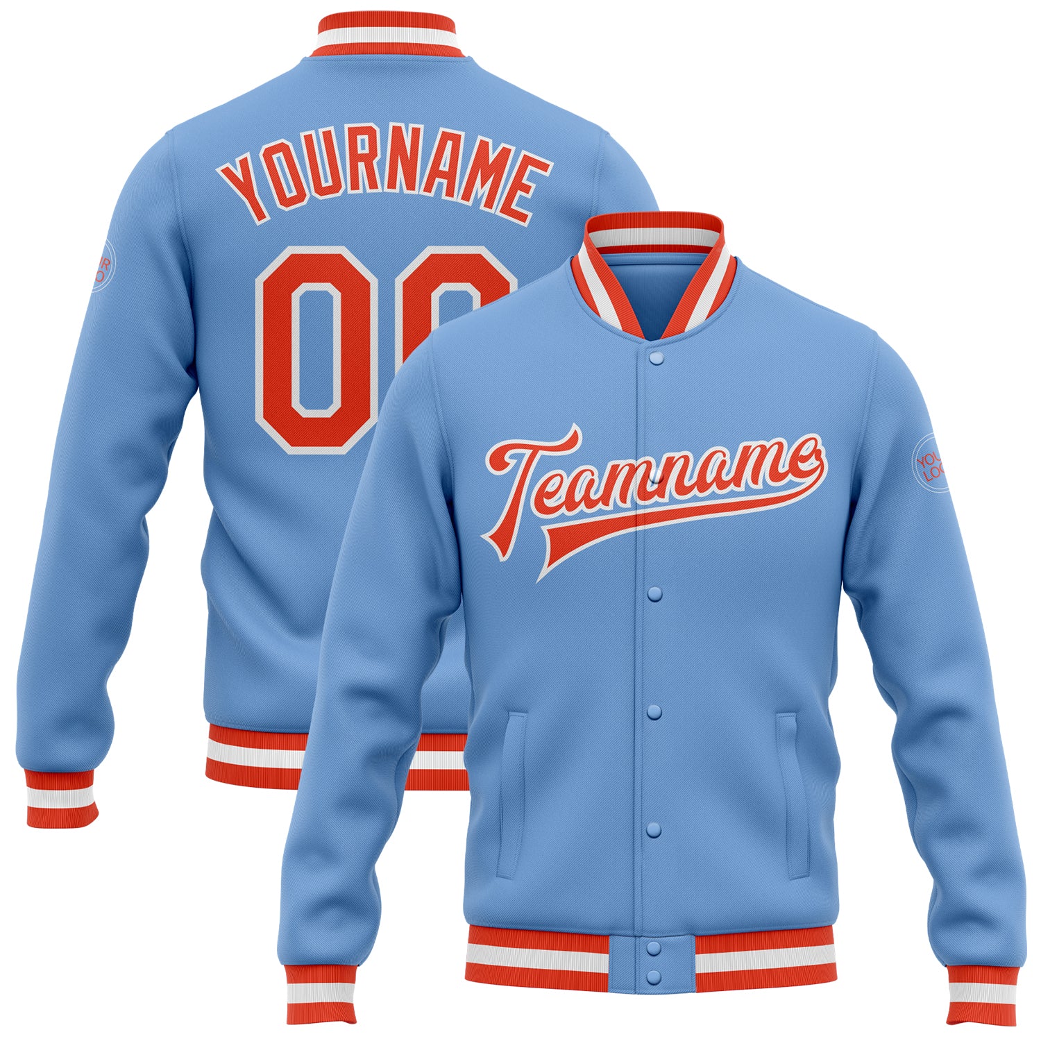 Custom Name Number Varsity Letterman Jacket Light Blue Orange-White Full-Snap Bomber Personalized Light Blue Orange-White