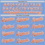 Custom Name Number Split Bomber Jacket Light Blue Orange White Varsity Letterman Fashion Full-Snap Team Gear Personalized