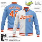 Custom Name Number Split Bomber Jacket Light Blue Orange White Varsity Letterman Fashion Full-Snap Team Gear Personalized