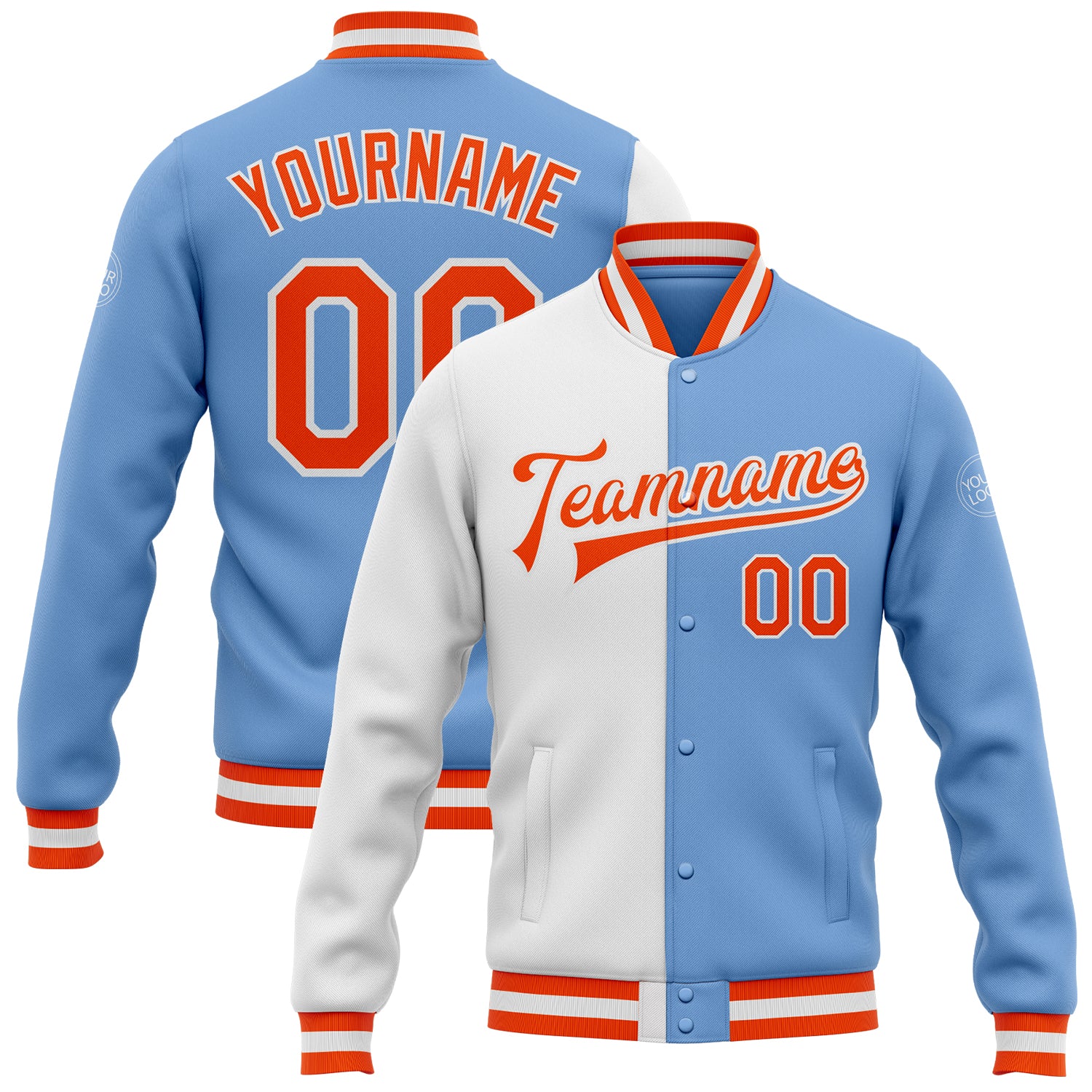 Custom Name Number Split Bomber Jacket Light Blue Orange White Varsity Letterman Fashion Full-Snap Team Gear Personalized