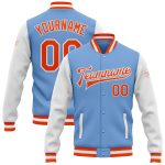 Custom Name & Number Two Tone Varsity Letterman Bomber Jacket Light Blue Orange White Full-Snap Team Apparel Personalized