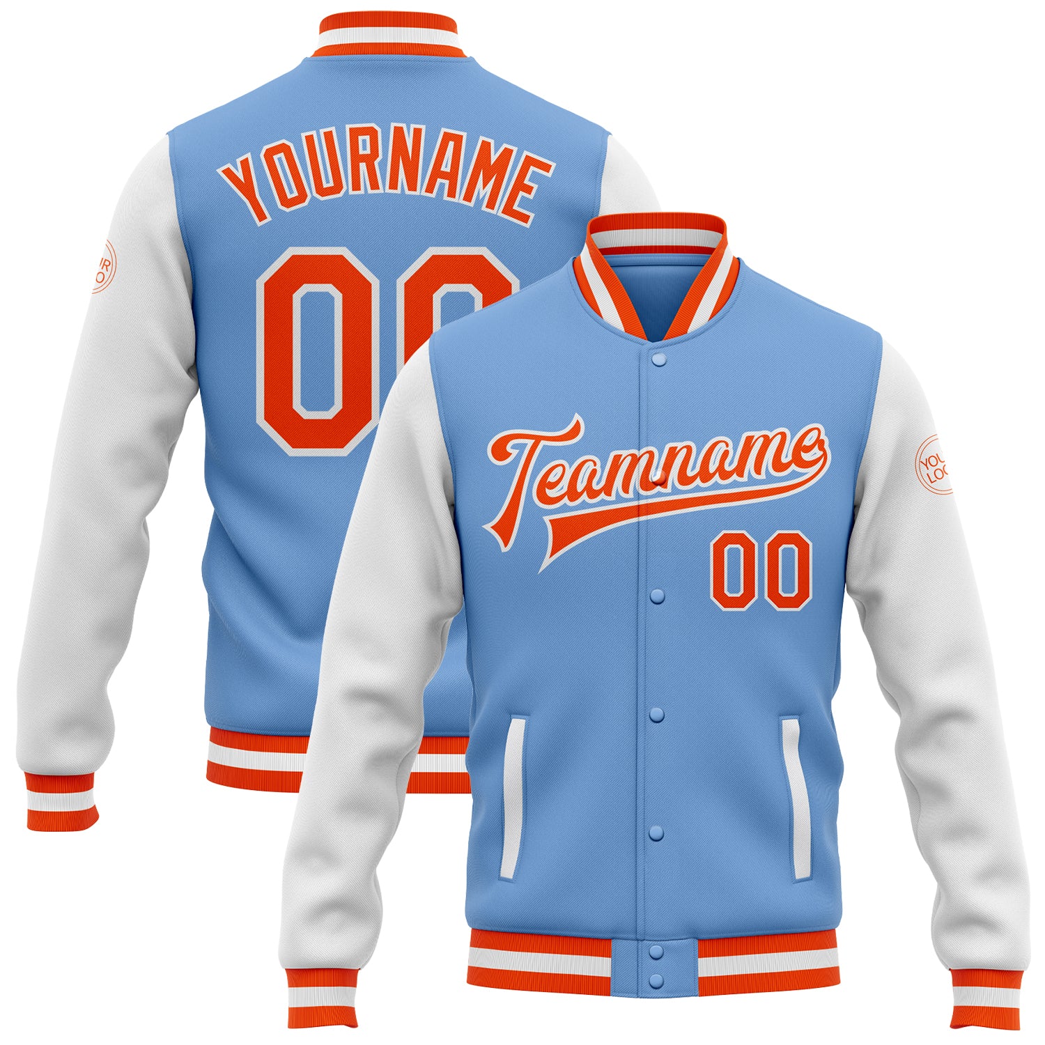 Custom Name & Number Two Tone Varsity Letterman Bomber Jacket Light Blue Orange White Full-Snap Team Apparel Personalized