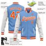Custom Name & Number Two Tone Varsity Letterman Bomber Jacket Light Blue Orange White Full-Snap Team Apparel Personalized
