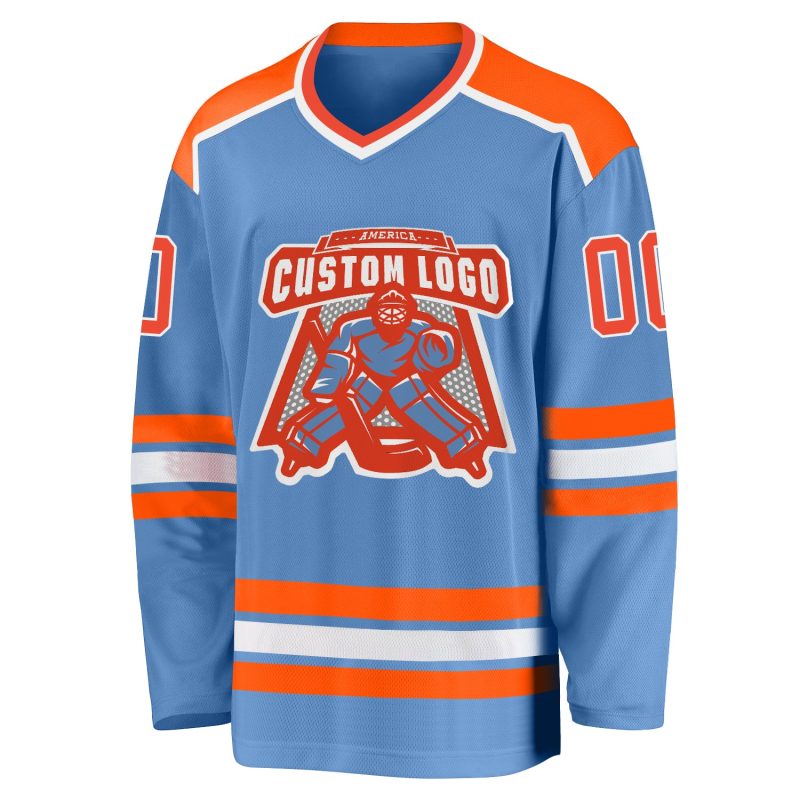 Custom Name and Number Light Blue Orange-White Hockey Jersey - Personalized Team Jersey Personalized Light Blue Orange-White