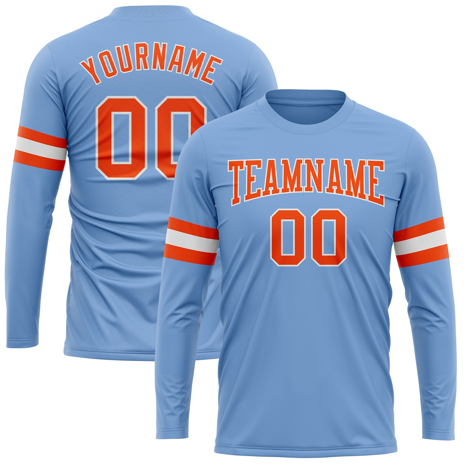Custom Team Long Sleeve Performance T-Shirt with Personalized Name and Number - Light Blue Orange-White Personalized Light