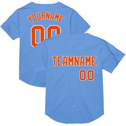 Personalized Light Blue Jersey | Orange-White Mesh Authentic Throwback Baseball Personalized Light Blue Orange-White Mesh