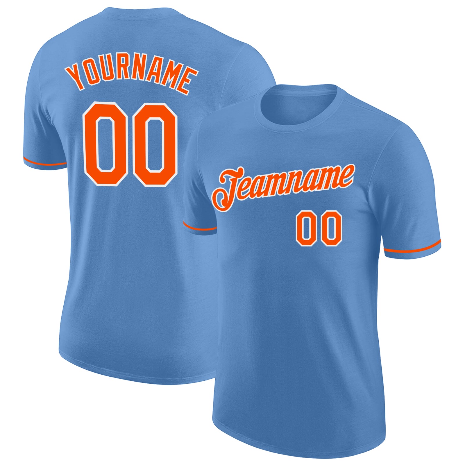Custom Team Performance T-Shirt with Name and Number - Light Blue Orange-White Personalized Light Blue Orange-White Performance