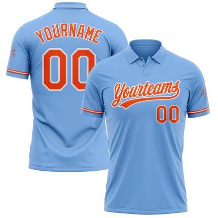 Custom Personalized Golf Polo Shirt - Light Blue Orange-White Performance with Team Name and Number Personalized Light Blue