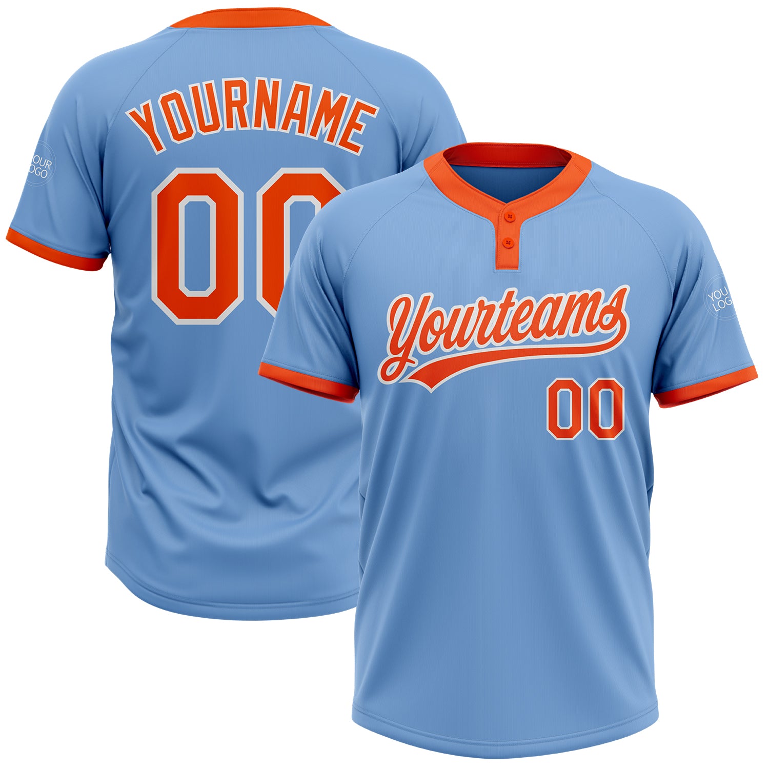 Custom Team Softball Jersey with Personalized Name & Number - Light Blue Orange-White Unisex Two-Button Style Personalized
