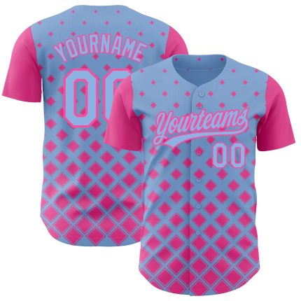 Custom Name & Number Authentic Baseball Jersey - Personalized Light Blue Pink 3D Geometric Pattern Design Personalized Light