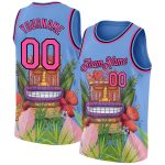 Custom Name and Number Basketball Jersey - Tropical Hawaii 3D Cartoon Pattern in Light Blue, Pink, and Black - Authentic Design