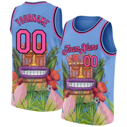 Custom Name and Number Basketball Jersey - Tropical Hawaii 3D Cartoon Pattern in Light Blue, Pink, and Black - Authentic Design