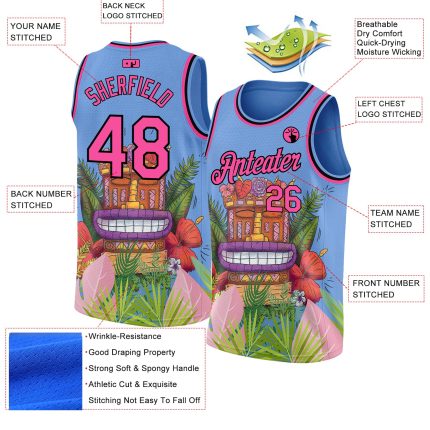 Custom Name and Number Basketball Jersey - Tropical Hawaii 3D Cartoon Pattern in Light Blue, Pink, and Black - Authentic Design