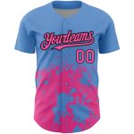 Custom Name and Number Authentic Baseball Jersey with 3D Abstract Splash Design in Light Blue and Pink-Black Grunge Pattern