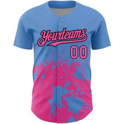Custom Name and Number Authentic Baseball Jersey with 3D Abstract Splash Design in Light Blue and Pink-Black Grunge Pattern
