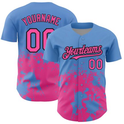 Custom Name and Number Authentic Baseball Jersey with 3D Abstract Splash Design in Light Blue and Pink-Black Grunge Pattern