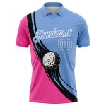 Custom Golf Polo Shirt with Personalized Name and Number, Light Blue Pink Black 3D Pattern, Performance Team Apparel Personalized