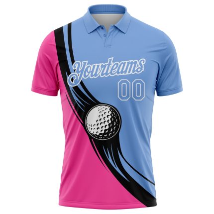 Custom Golf Polo Shirt with Personalized Name and Number, Light Blue Pink Black 3D Pattern, Performance Team Apparel Personalized