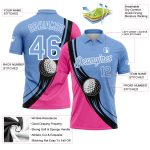 Custom Golf Polo Shirt with Personalized Name and Number, Light Blue Pink Black 3D Pattern, Performance Team Apparel Personalized