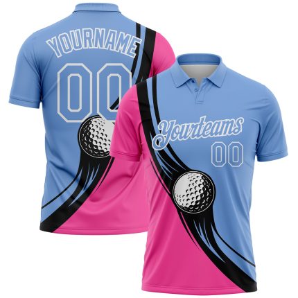 Custom Golf Polo Shirt with Personalized Name and Number, Light Blue Pink Black 3D Pattern, Performance Team Apparel Personalized