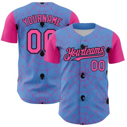 Custom Name and Number Baseball Jersey - 3D Spider Web Design in Light Blue, Pink, and Black - Personalized Team Apparel