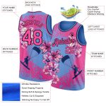 Custom Name and Number Basketball Jersey with 3D Flower Pattern in Light Blue, Pink, and Black - Personalized Surfing Team Apparel
