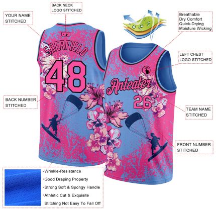 Custom Name and Number Basketball Jersey with 3D Flower Pattern in Light Blue, Pink, and Black - Personalized Surfing Team Apparel