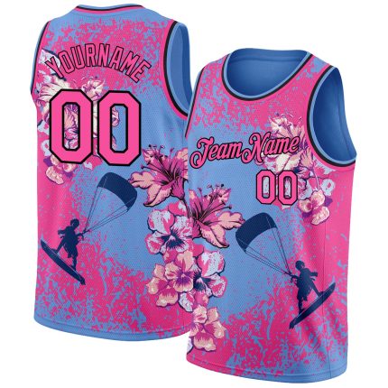 Custom Name and Number Basketball Jersey with 3D Flower Pattern in Light Blue, Pink, and Black - Personalized Surfing Team Apparel