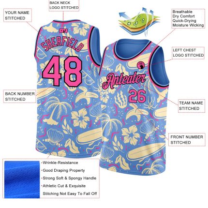 Custom Basketball Jersey with Tropical Hawaii Trees Pattern - Light Blue Pink-Black, Personalized Name & Number Personalized