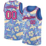 Custom Basketball Jersey with Tropical Hawaii Trees Pattern - Light Blue Pink-Black, Personalized Name & Number Personalized