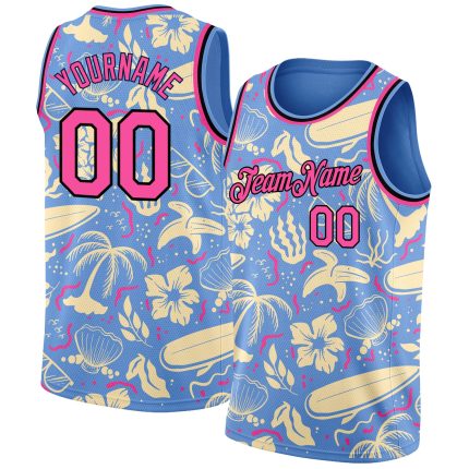 Custom Basketball Jersey with Tropical Hawaii Trees Pattern - Light Blue Pink-Black, Personalized Name & Number Personalized