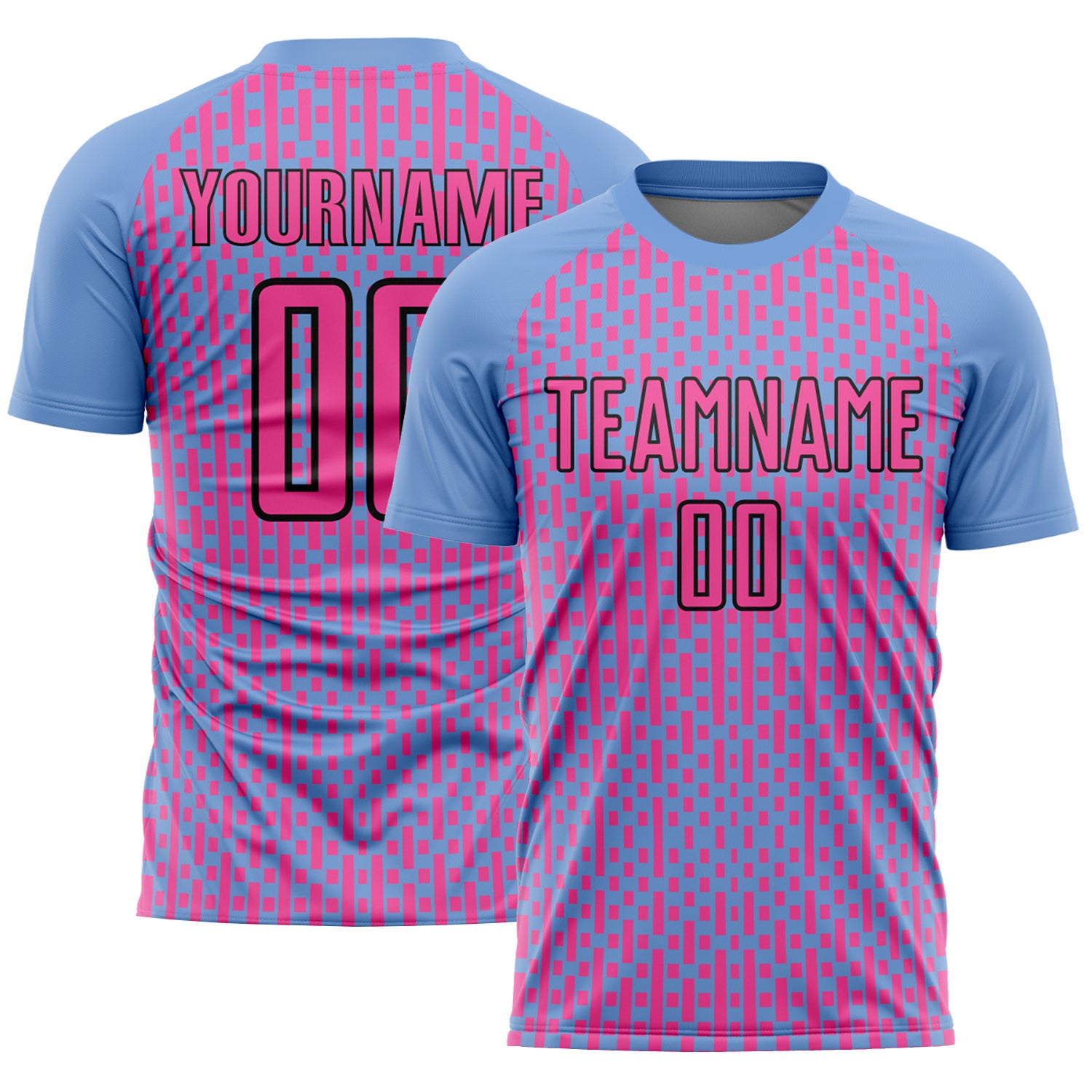 Custom Sublimation Soccer Jersey with Personalized Name & Number - Light Blue Pink-Black Abstract Geometric Shapes Personalized