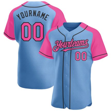Custom Name and Number Baseball Jersey - Personalized Light Blue Pink Black Authentic Raglan Sleeves Personalized Light Blue