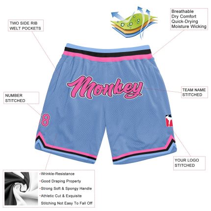 Custom Team Basketball Shorts with Name and Number - Light Blue Pink-Black Authentic Throwback Style Personalized Light Blue