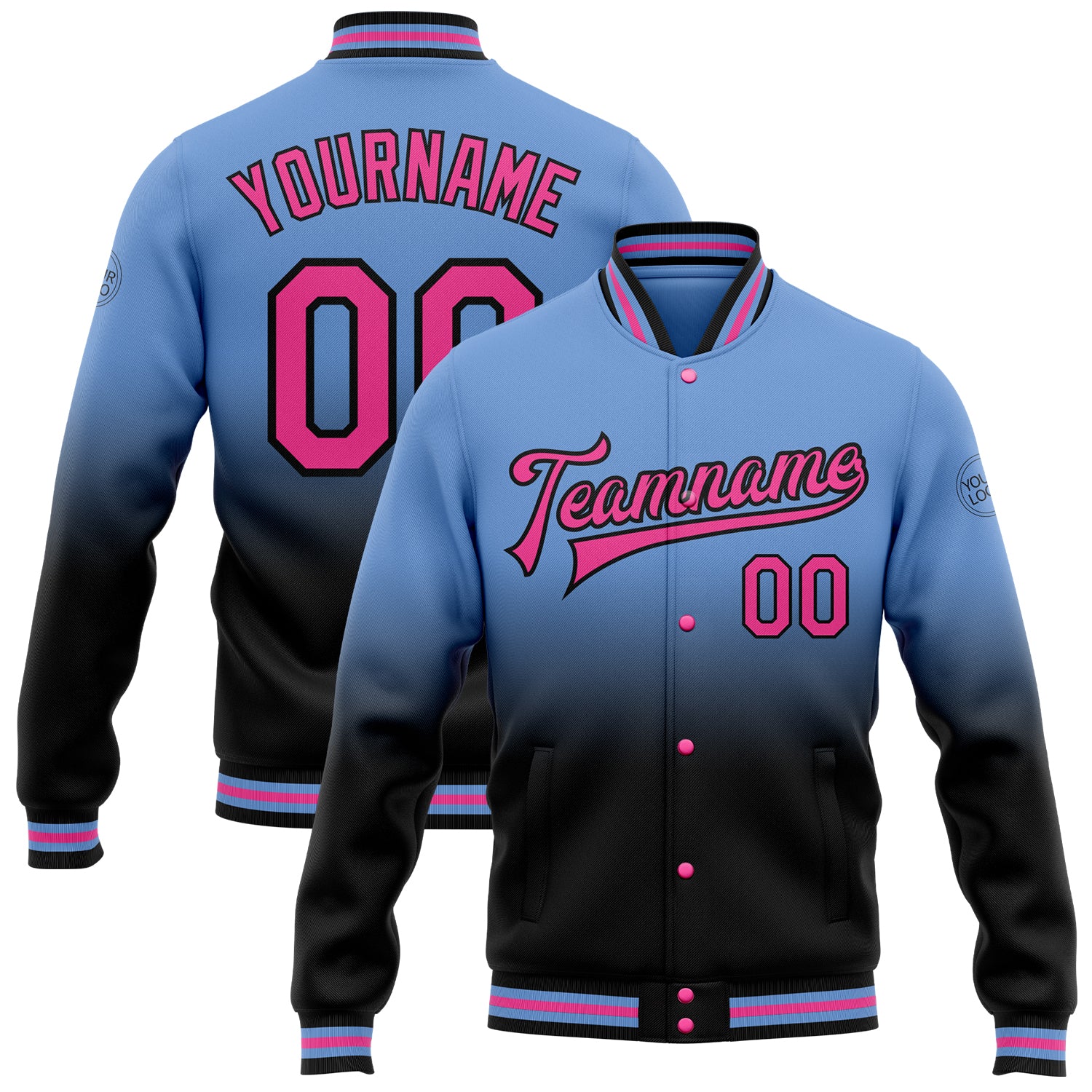 Personalized Light Blue Pink Black Varsity Bomber Jacket Fade Fashion Full-Snap Personalized Light Blue Pink-Black Bomber