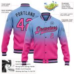 Custom Varsity Letterman Jacket with Fade Design, Personalized Light Blue Pink & Black, Full-Snap Fashion - Team Name & Number