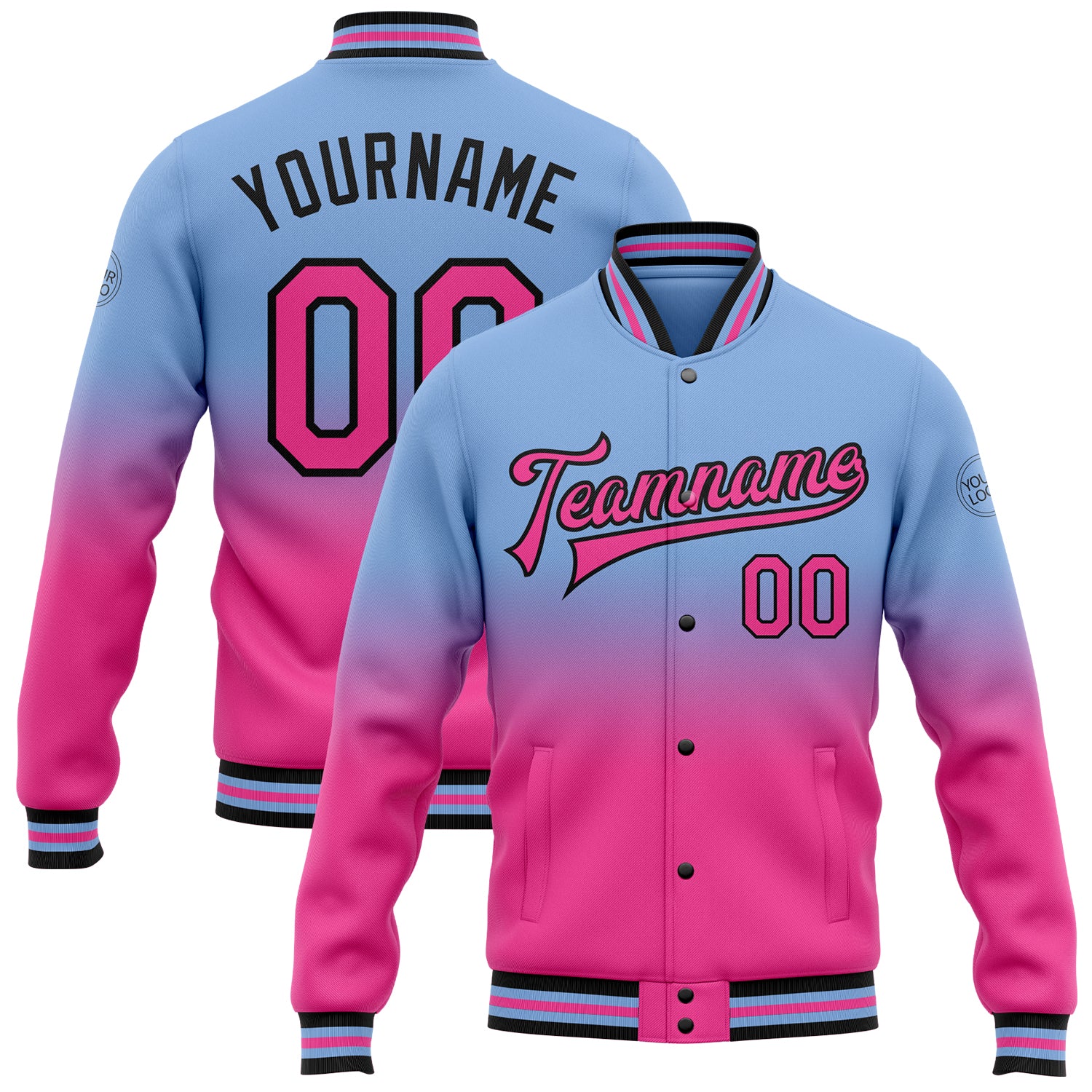Custom Varsity Letterman Jacket with Fade Design, Personalized Light Blue Pink & Black, Full-Snap Fashion - Team Name & Number