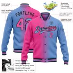 Custom Gradient Varsity Letterman Jacket with Personalized Name and Number - Light Blue Pink Black Full-Snap Bomber Fashion Jacket
