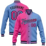 Custom Gradient Varsity Letterman Jacket with Personalized Name and Number - Light Blue Pink Black Full-Snap Bomber Fashion Jacket