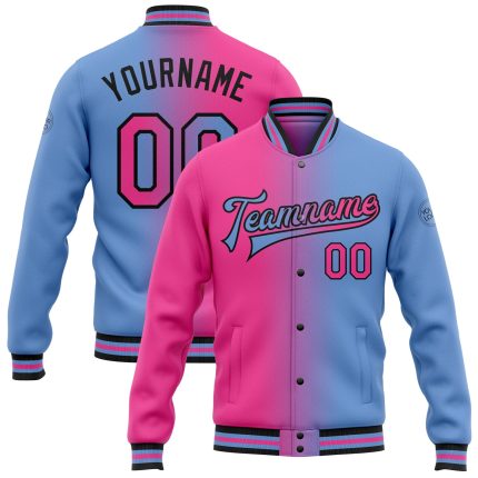 Custom Gradient Varsity Letterman Jacket with Personalized Name and Number - Light Blue Pink Black Full-Snap Bomber Fashion Jacket