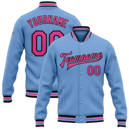 Custom Team Name Number Varsity Jacket Light Blue Pink Black Bomber Full-Snap Letterman Personalized Light Blue Pink-Black