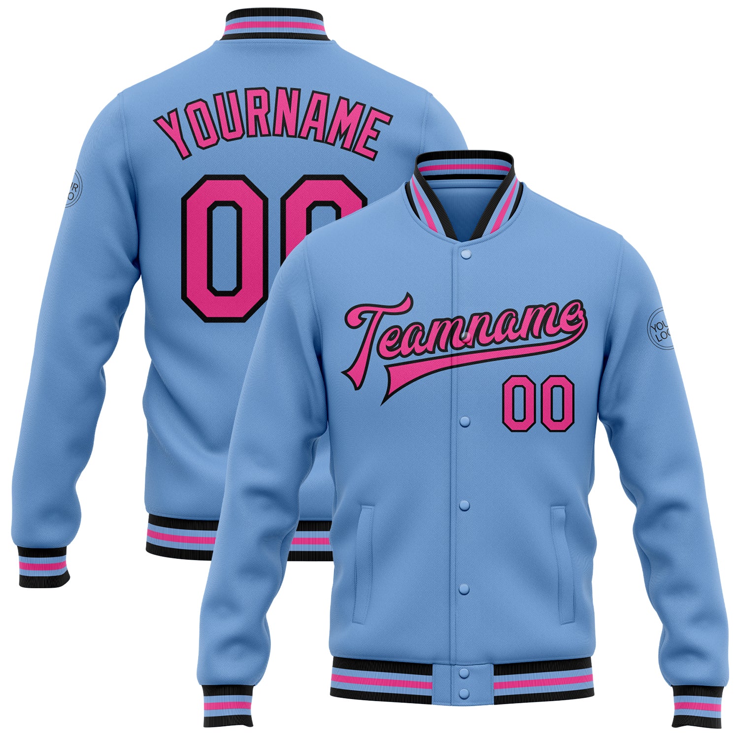 Custom Team Name Number Varsity Jacket Light Blue Pink Black Bomber Full-Snap Letterman Personalized Light Blue Pink-Black